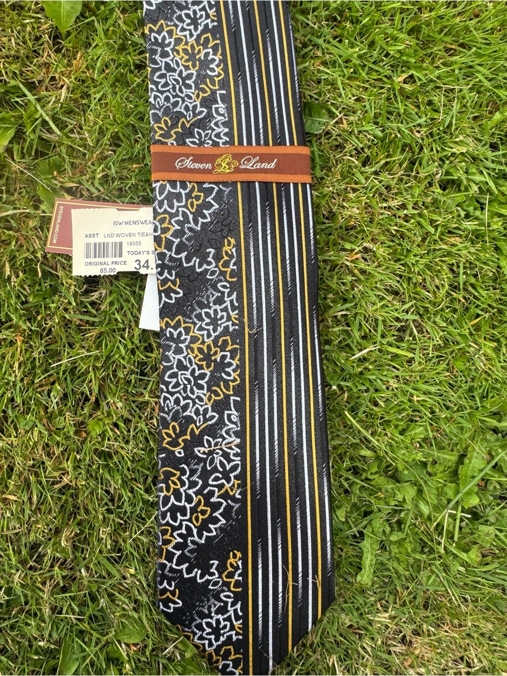 Steven land Black, Gold & White Floral-Striped Silk Tie
